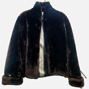 Vintage Mouton Lamb Fur Shearling Large Open Front Jacket Cape Dark Brown Coat